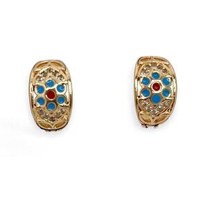 Gold Hoop Earrings with Blue & Red Enamel Elegant Filigree Vintage Design